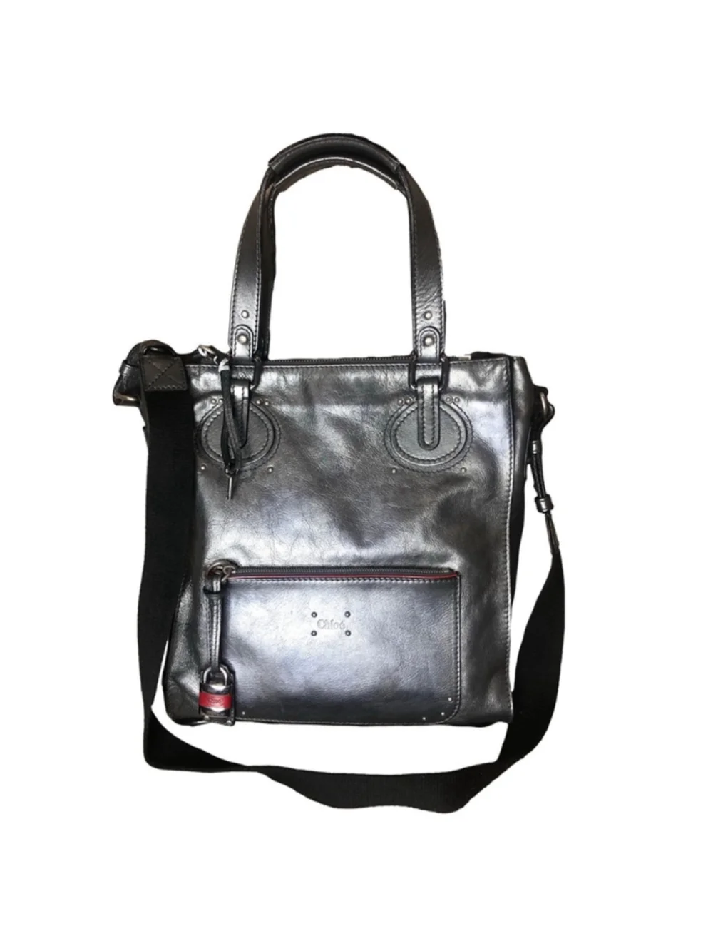MR CHLOE Paddington Bag Silver Leather Tote Padlock Key Crossbody Shoulder Strap